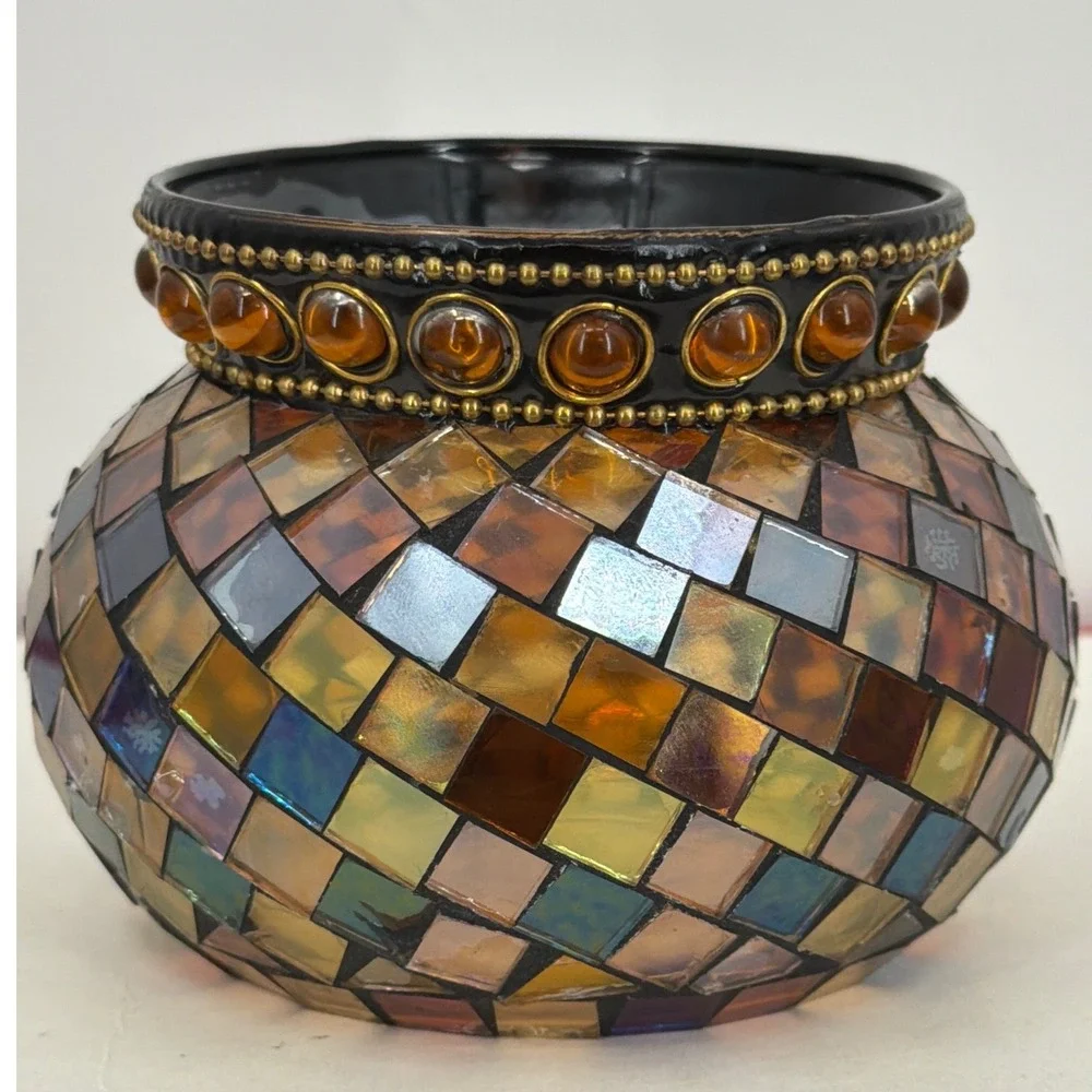 PartyLite Mosaic Glass Candle Holder Iridescent Amber Gold Beaded Trim Votive